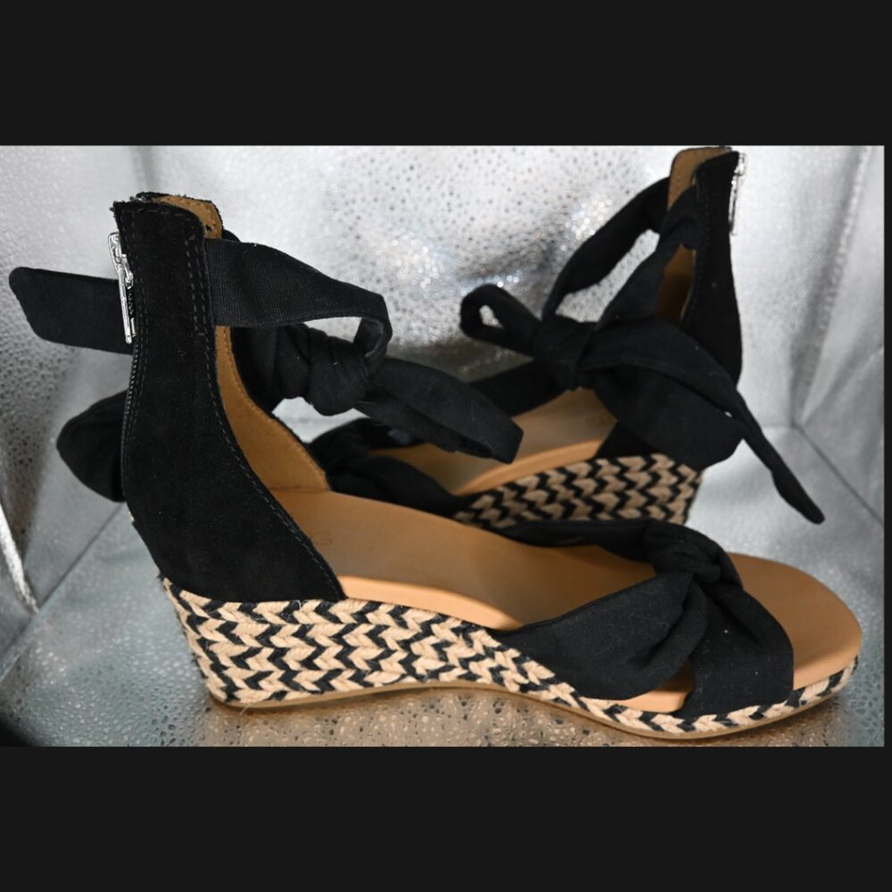UGG Yarrow Espadrille Wedge Sandal - Adjustable Black Canvas Ankle Bow
